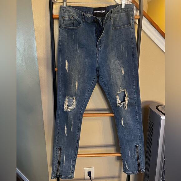Homme + Femme Distressed Stretch Skinny Jeans Ankle Zip Men’s 34